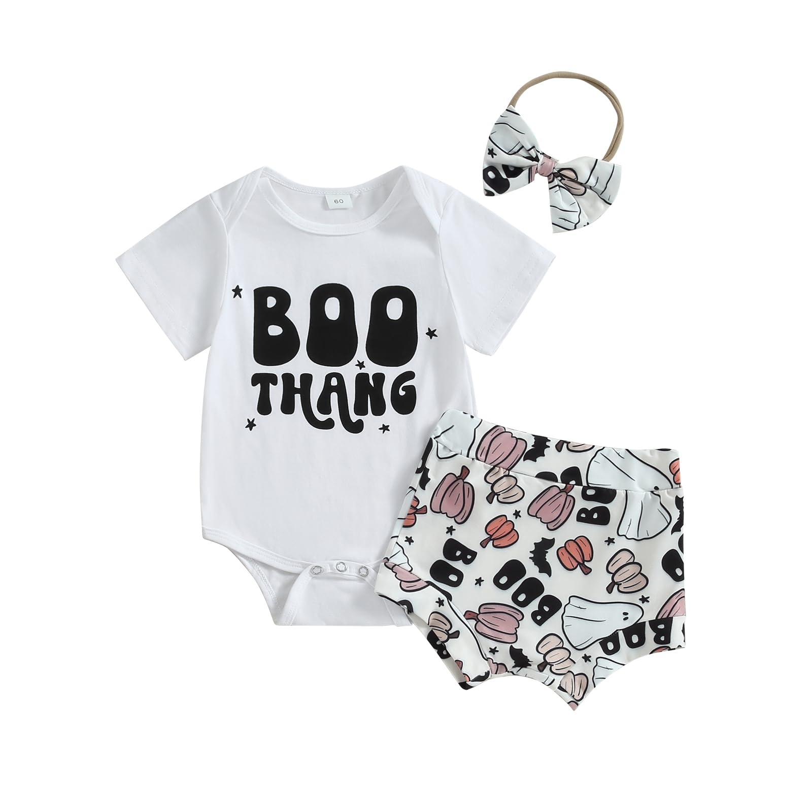 Lamuusaa Newborn Baby Girl Halloween Outfit Hey Boo/Boo Thang Short Sleeve Romper Skull/Ghost Shorts Headband Set 0-18M (Boo Thang, 12-18 Months)