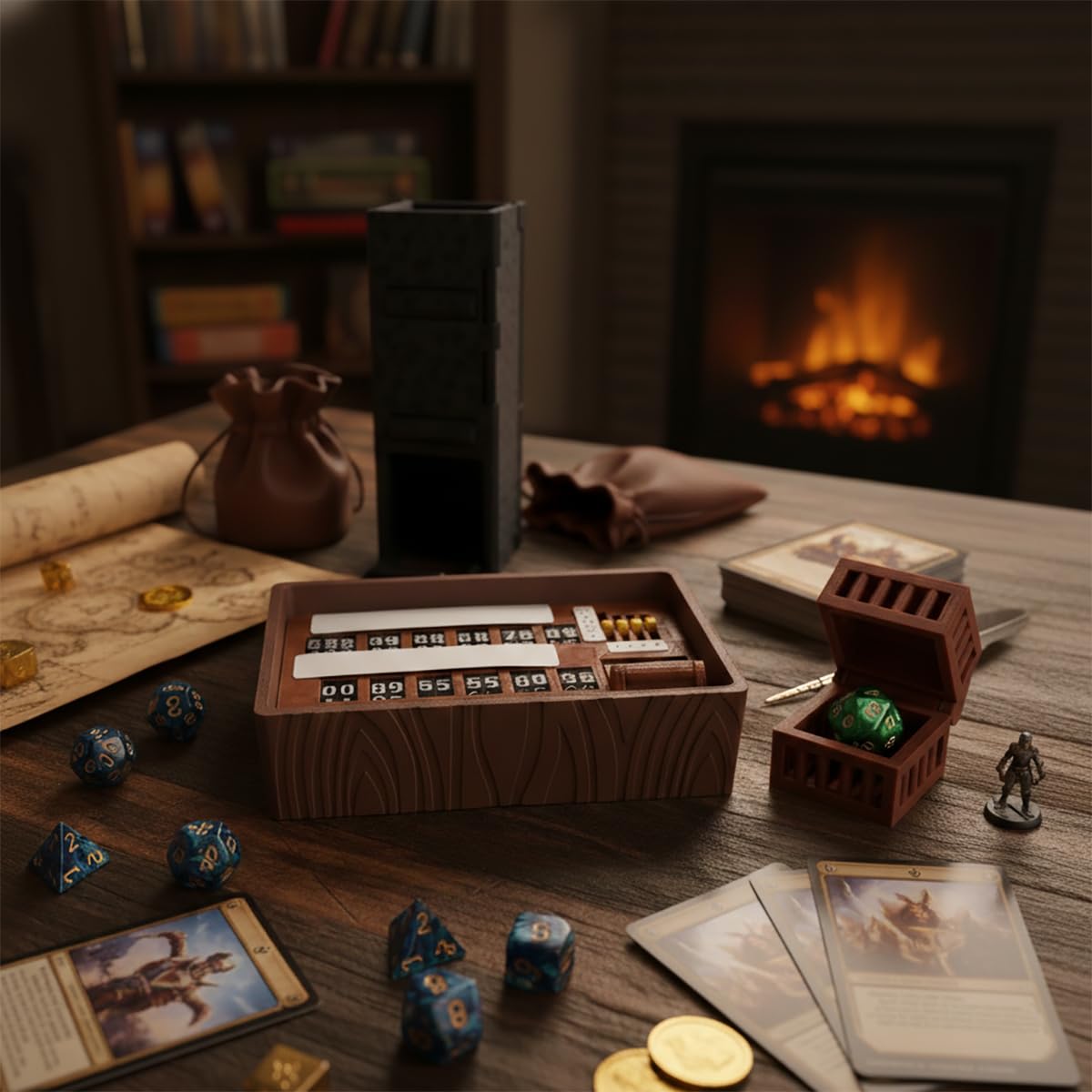 Inseguitore universale per contatore di giochi – 12 slot flip + quadrante a 3 cifre, torre per dadi pieghevole, supporto per dadi, strisce magnetiche cancellabili, tracker risorse – tutto in