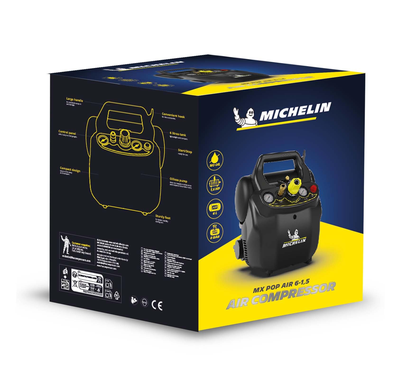 MICHELIN, Compressore d’Aria Portatile MX POP AIR 6-1,5, Serbatoio 6 Litri, Motore da 1,5 hp, Pressione Massima 8 bar, Portata d’Aria 180 l/min