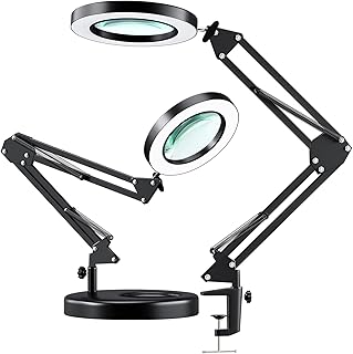 【Upgraded】 5X LED Magnifying Lamp, HITTI 1,800 Lumens Stepless Dimmable, 3 Color Modes, 8-Diopter 4.2″ Real Glass Lens Magnifier Desk lamp, Magnifying Light and Stand for Crafts, Reading, Close Work