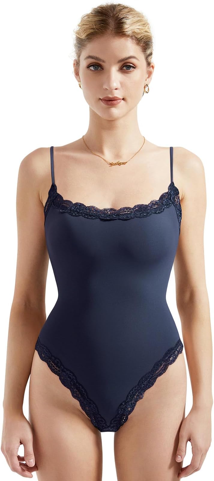 SUUKSESSWomen Square Neck Lace Bodysuit Sleeveless Spaghetti Strap Tank Top
