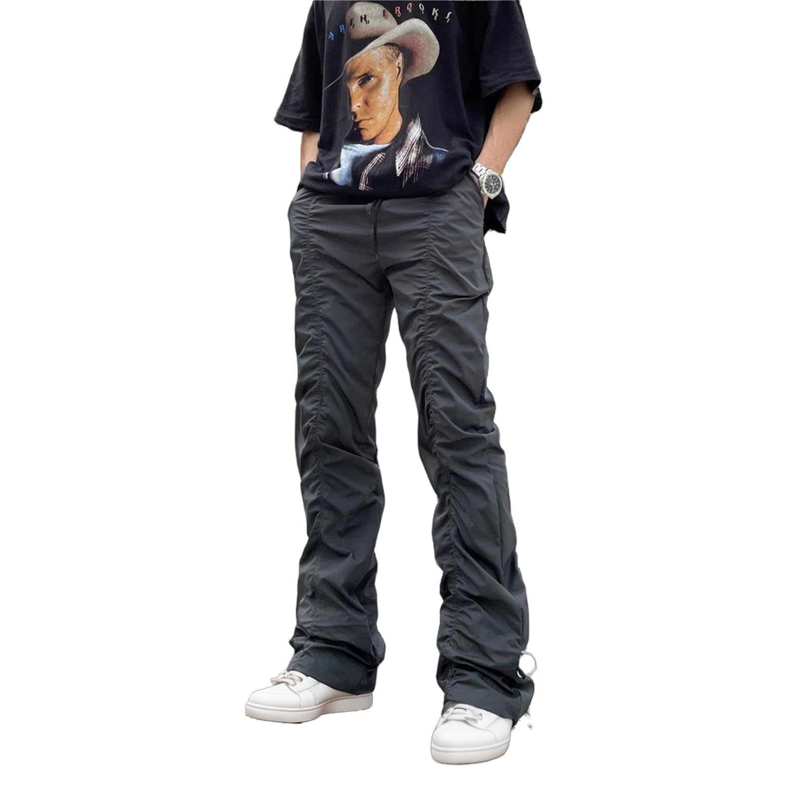 Viatabuna Mens Mid Rise Casual Flare Stacked Pants Baggy Jogger Drawstring Cargo Pants Fashion Street Trousers with Pockets