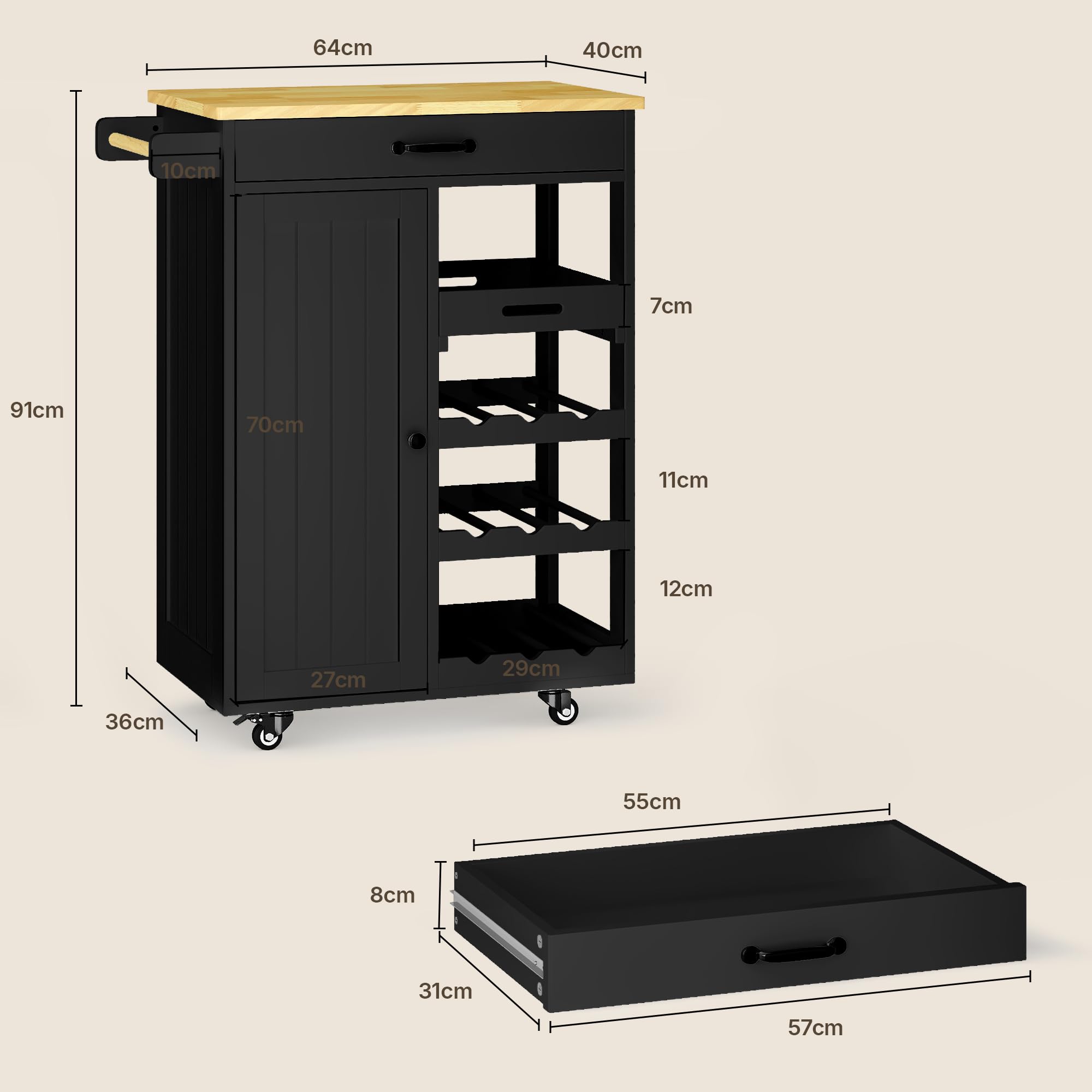 Xbro Mobile Bar con Ruote e Cassetto, Carrello Cucina Salvaspazio con Vassoio Rimovibile e Portabottiglie, Ideale per Watch Party, Aperitivi e Serate Calcio, 40x64x91 cm
