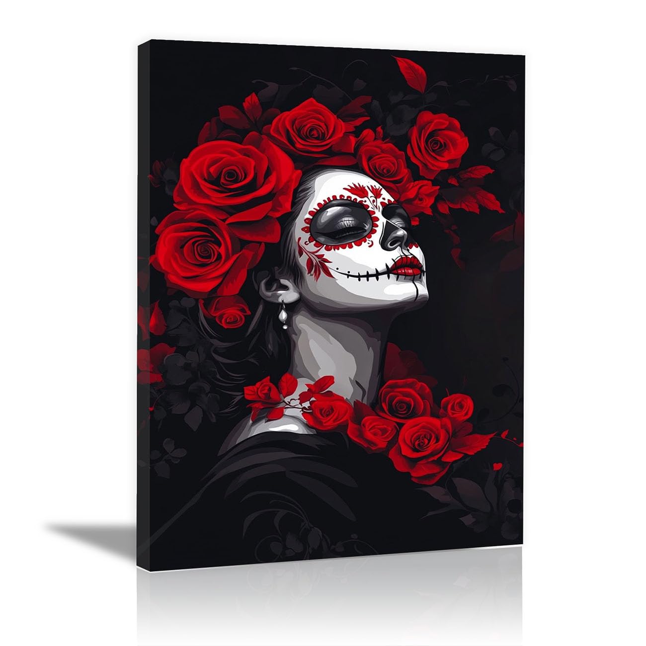 QUSAAOU Black Woman Canvas Wall Sugar Skull Woman Red flowerss Dark Portrait Graffiti Canvas Art Posters Prints African Woman Modern Picture For Living Room Bedroom Office(black)-80x120cm1 Unframed