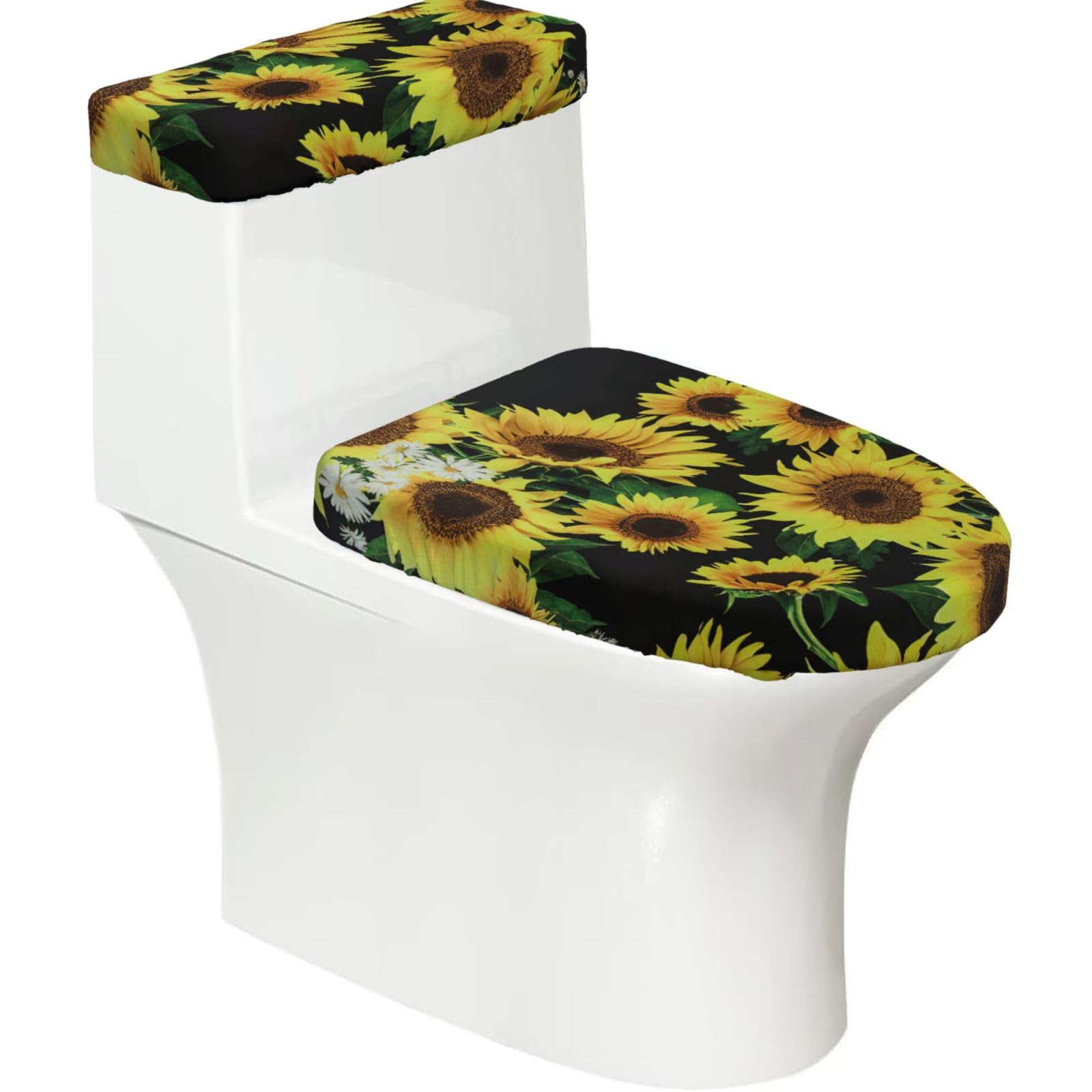 Sunflower Print 2-Piece Stretch Toilet Cover Set, Elastic Breathable Toilet Seat and Tank Lid Protector