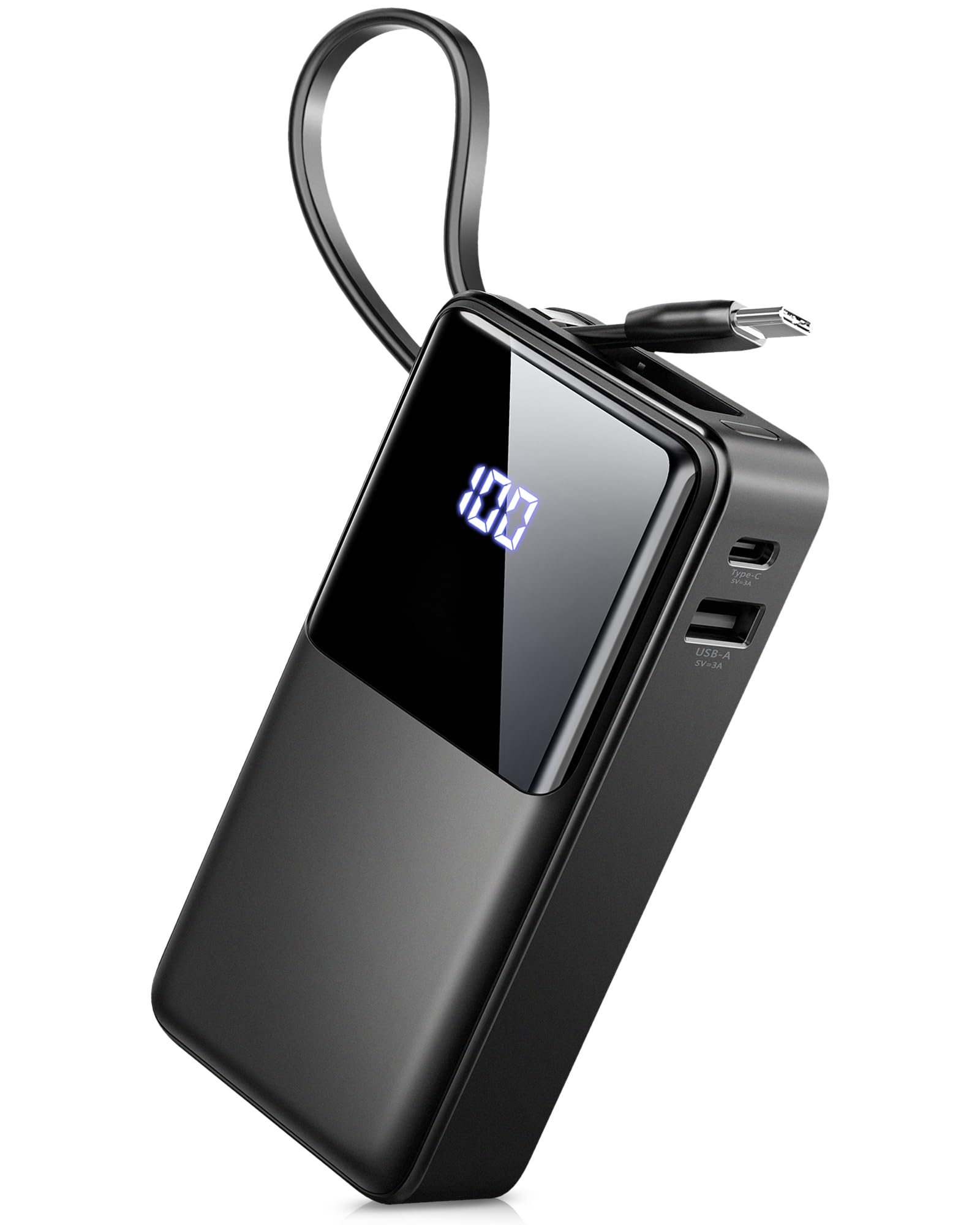 Power Bank 10000mAh, Portable Charger High-Speed Charging 3A USB-C in & out, Small Battery Pack with Built in Cable, Slim & Lightweight Powerbank for iPhone 16/15/14/13, Samsung, Android Phone/Tablet