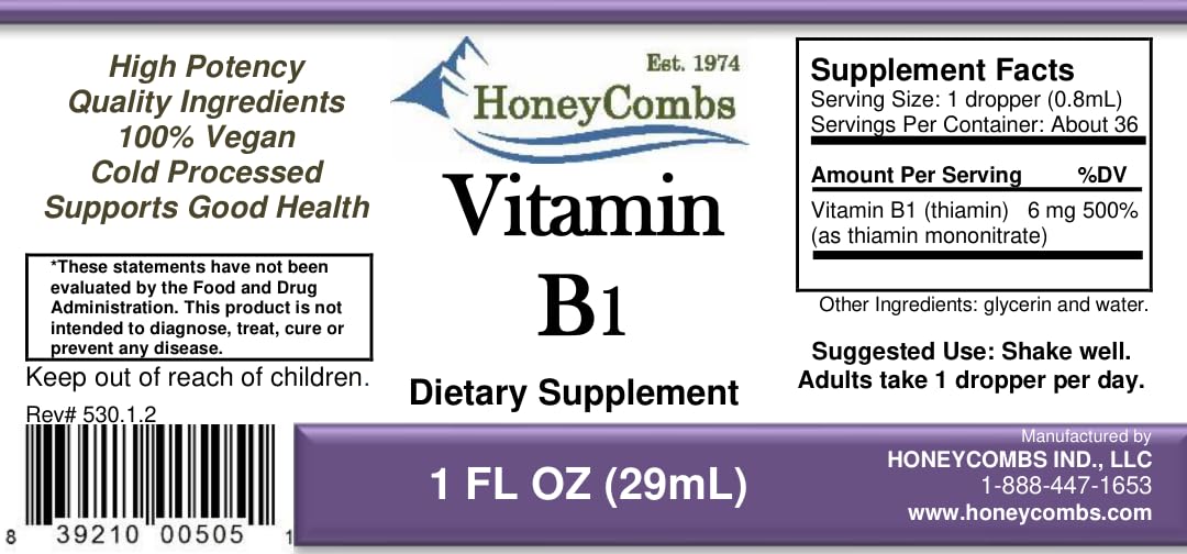 HoneyCombs Vitamin B1 Thiamine Mononitrate Supplement Drops, 1 Fl Oz — Amazon image 2