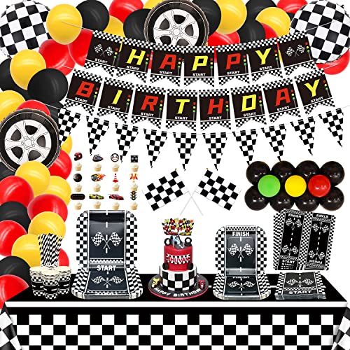 Fournitures de fête d'anniversaire sur le thème de la voiture - Décorations de fête pour 20 ans - Bannière « Happy Birthday » - Nappe en papier - Drapeau à carreaux - Décoration de gâteau pour garçon