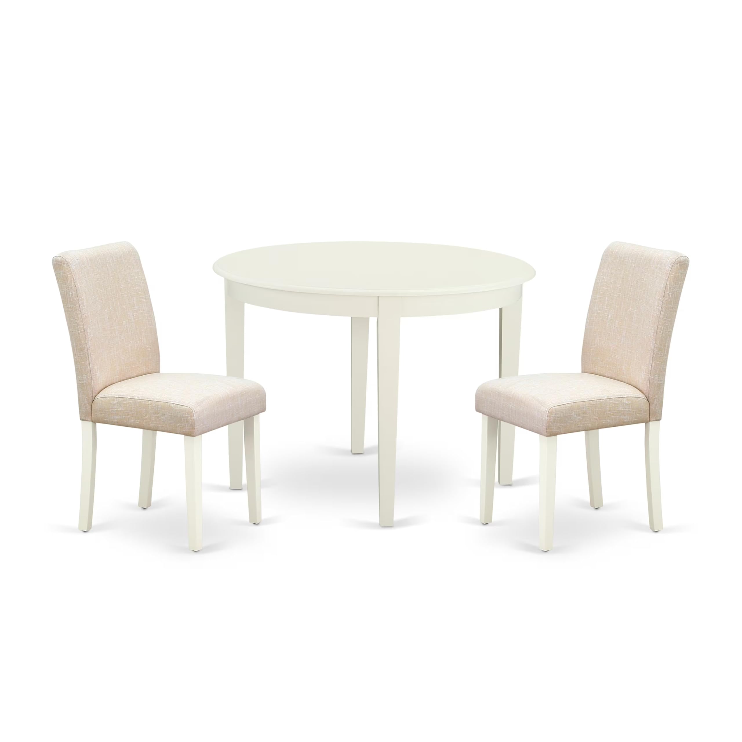 East West Furniture Dining Set 3 Pieces - Light Beige Linen Fabric Dining Chairs - Linen White Finish 4 legs Solid Wood Round Small Dining Table and Frame