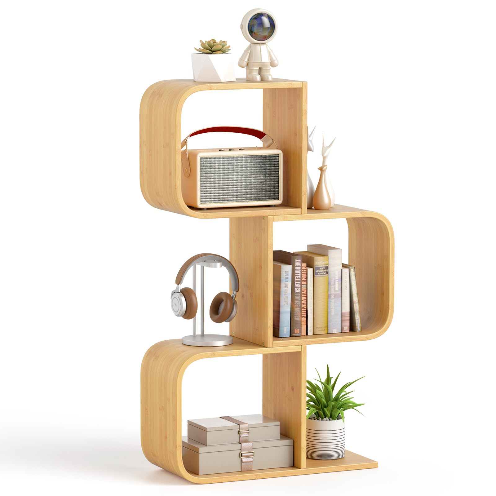 Giantex 3-Tier Bamboo S-Shaped Bookcase
