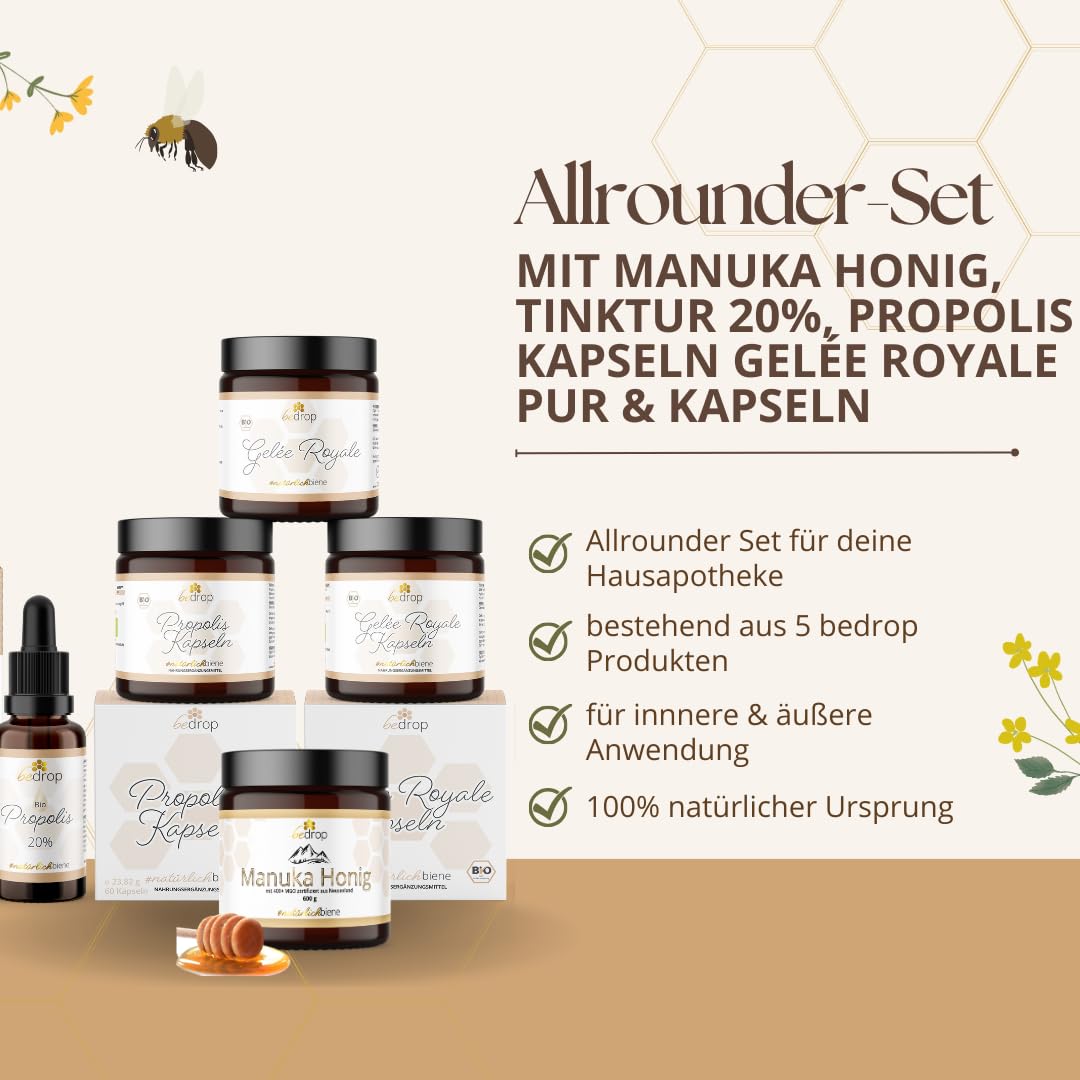 bedrop Das Allrounder-Set, Propolis Kapseln & 20% Tinktur, Gelée Royale Kapseln & pur/frisch & Manuka Honig MGO400+ als Vorteilspaket/Sparset