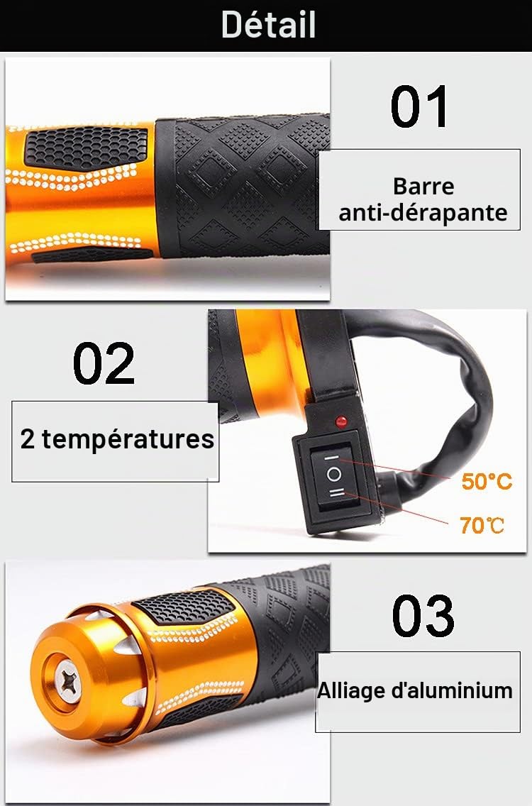 MASO Poignées de guidon chauffantes électriques, chauffage électrique en alliage d'aluminium 12V, température de 50-70℃ réglable, adaptées pour moto et VTT