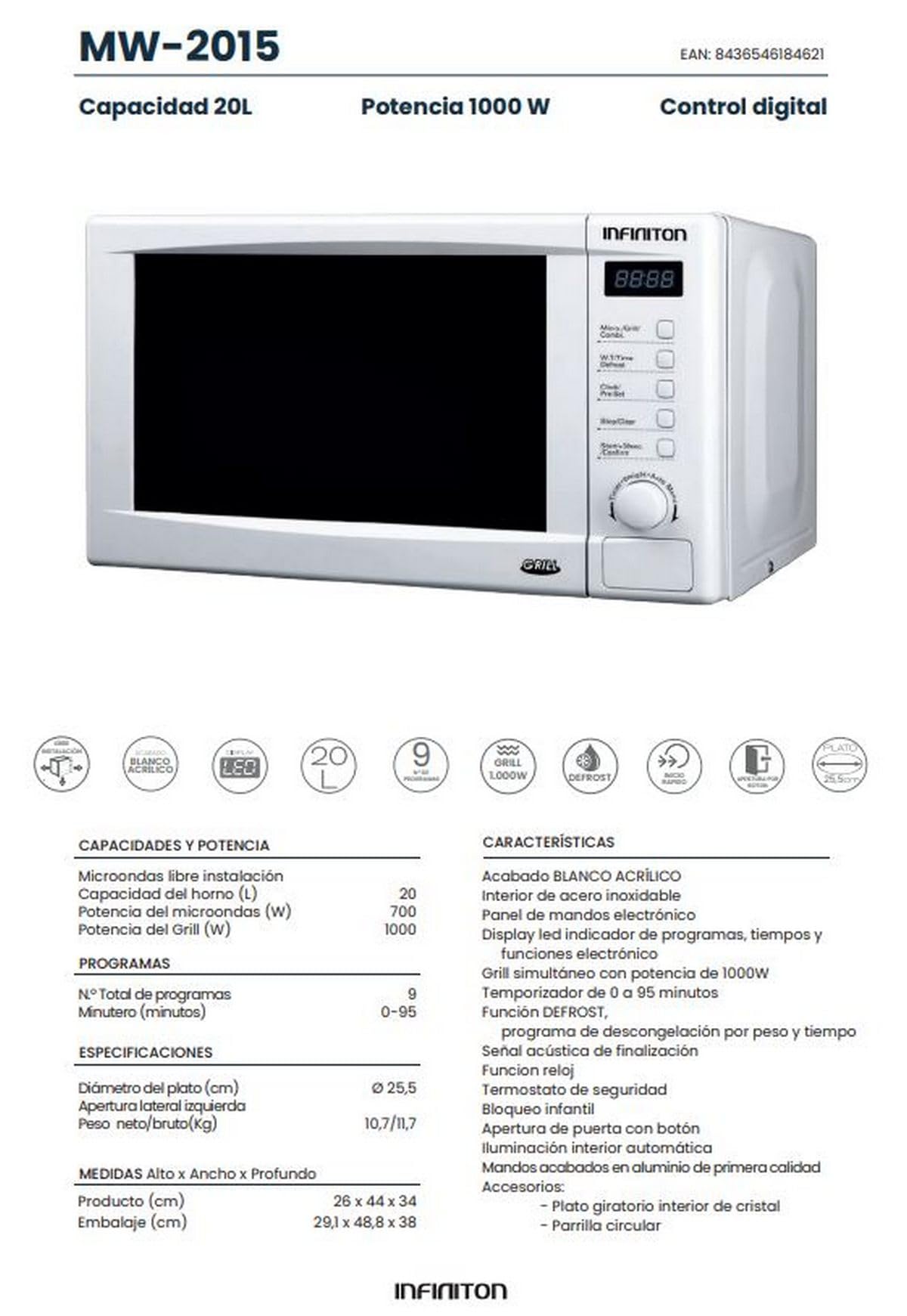 MICROONDAS INFINITON MW-2015 con Grill Y LED/Blanco