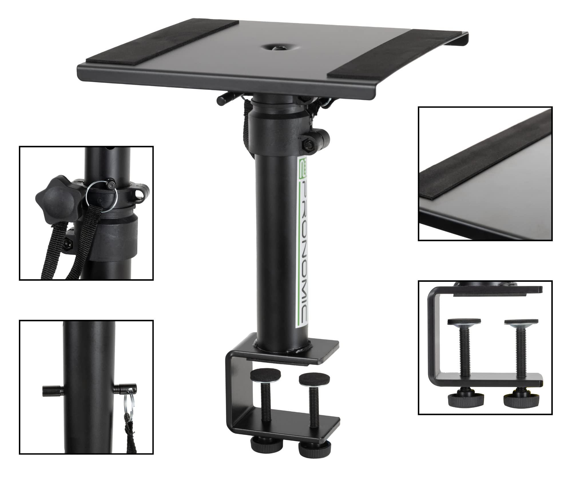 Pronomic SLS-36K BK Coppia di Supporti da Tavolo con Morsetto per Monitor da Studio - Molto Salvaspazio - Regolabile in Altezza da 24,5 cm a 41,5 cm - Piano con Fascia a Strappo - Nero