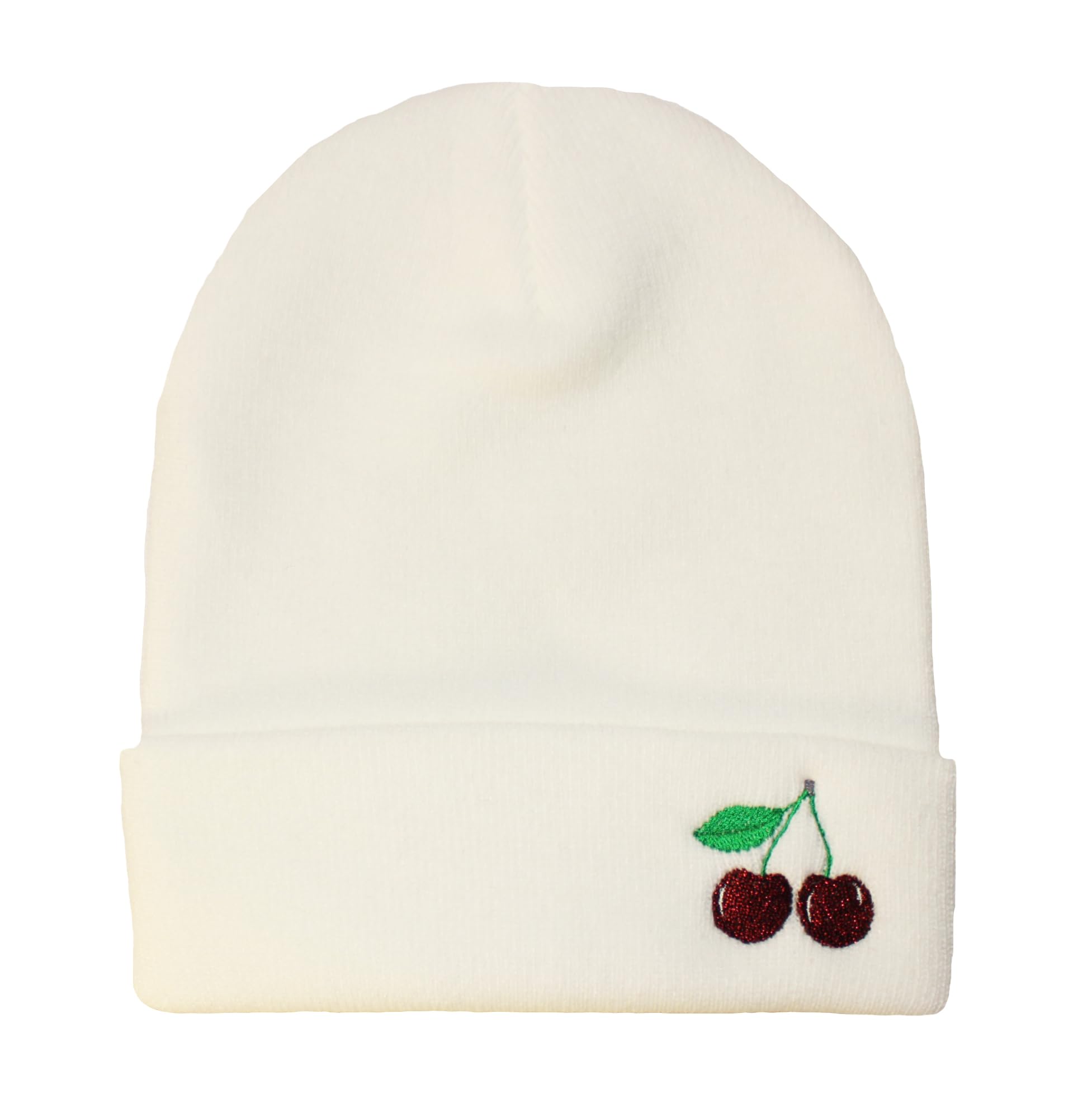 TeddyT's Ladies Sparkly Embroidered Cherries Fine Knit White Beanie Hat