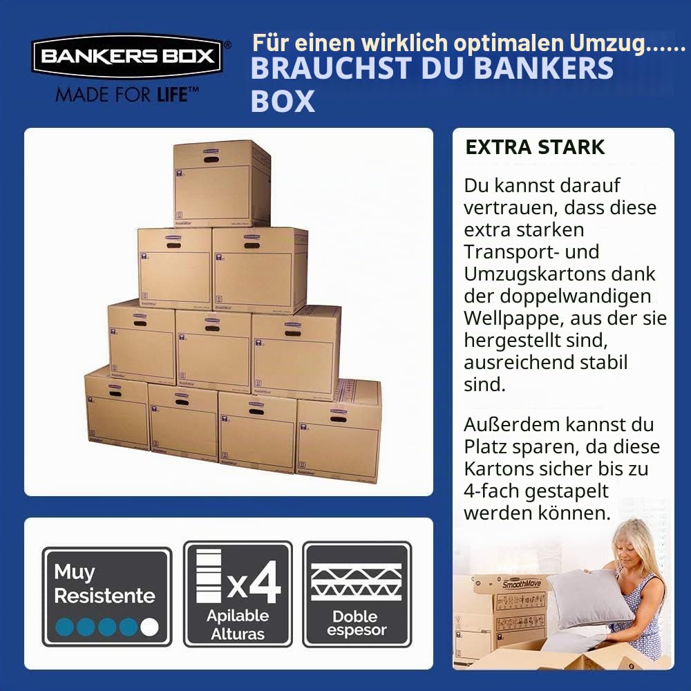 Packung mit 10 Kartons mit Griffen für Umzug, Aufbewahrung und Transport, sehr robust, 50 x 30 x 30 cm (Größe L, 45 Liter, doppelter Kanal verstärkt)