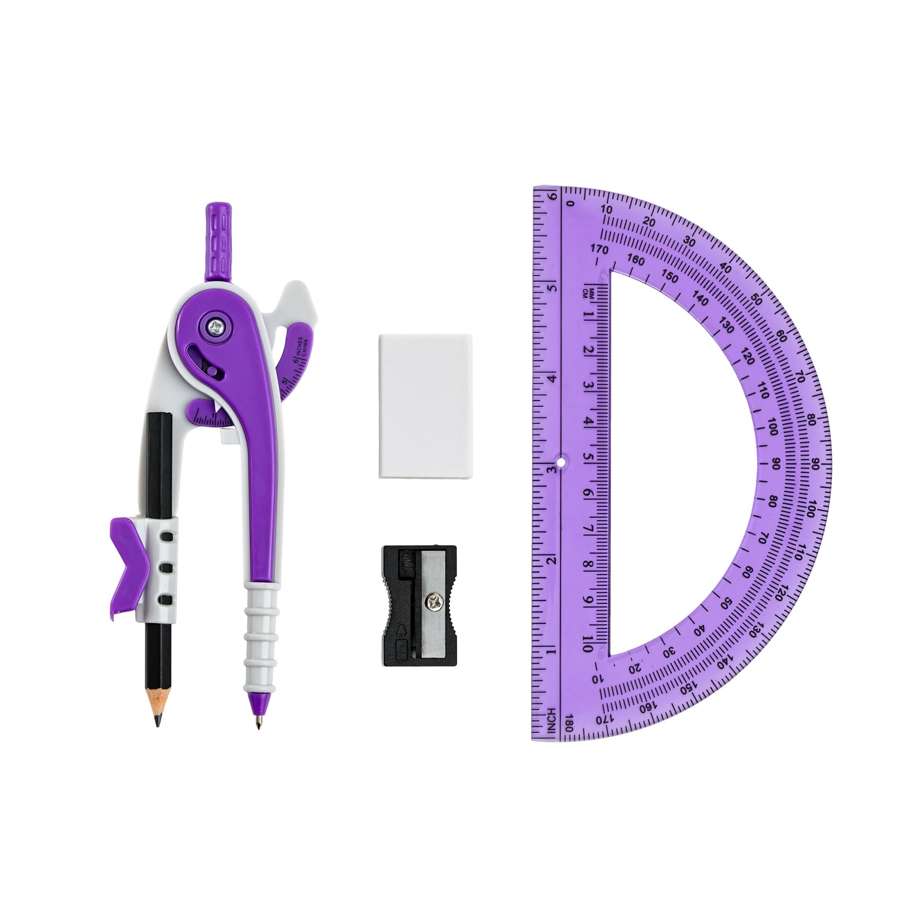 Unjoo Compass for Geometry Set, 6 Inch Protractor, Clear Plastic (Purple)