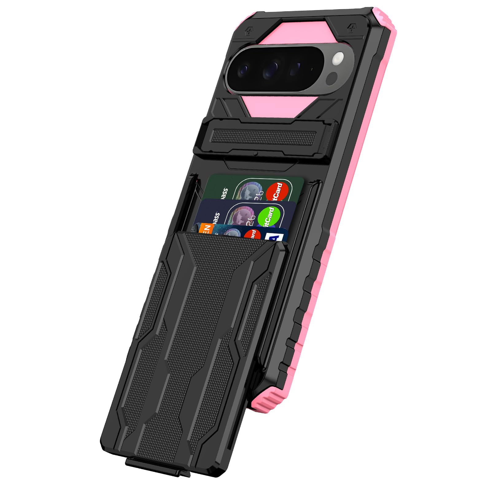 for Google Pixel 9 Pro XL & Pixel 10 Pro XL Wallet Case with Credit Card Holder Stand Kickstand Slim Rugged Shockproof Heavy Duty Defender Armor 【Military Grade】 Protective Phone Case - Pink