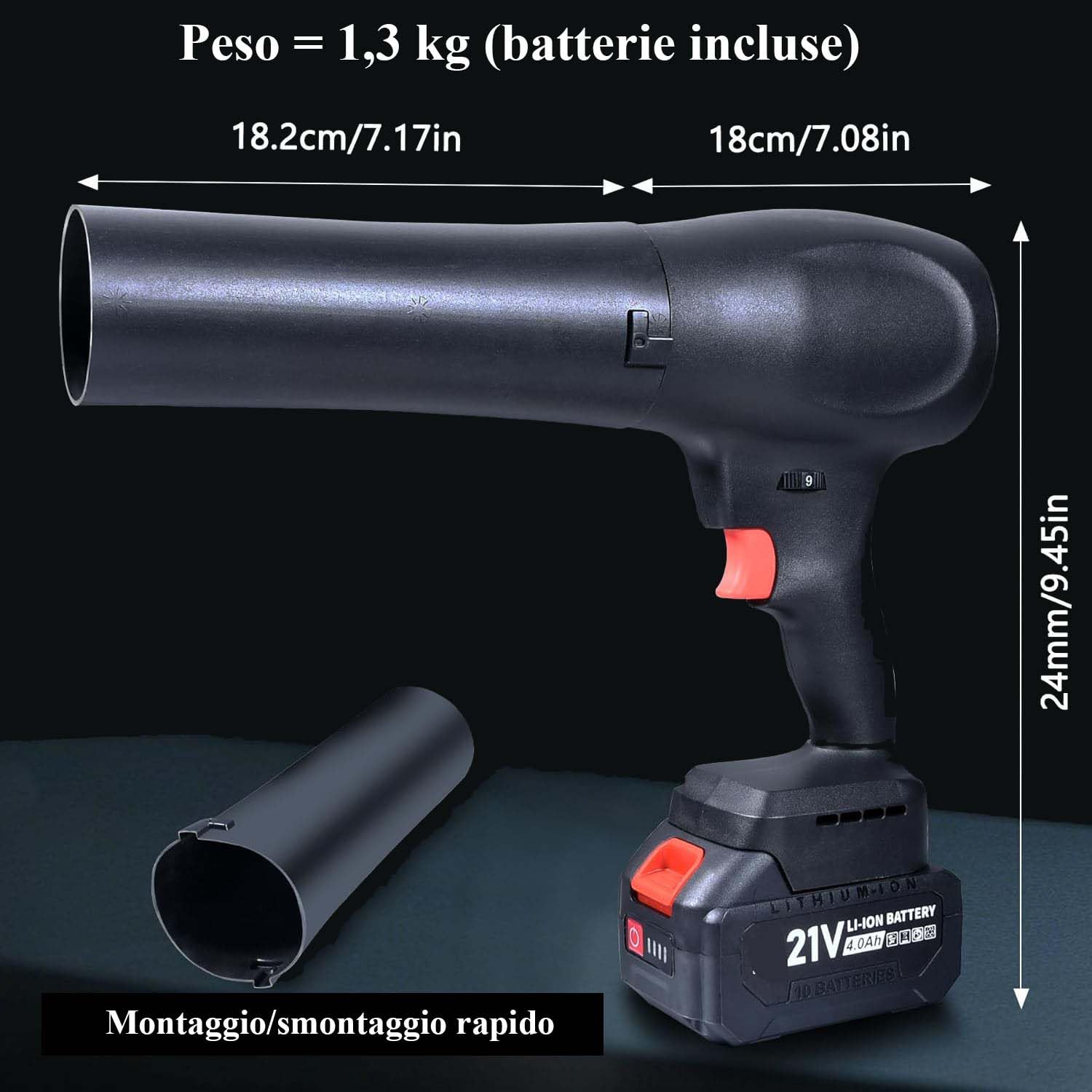 Soffiatore Turbo Senza Fili con 1 x 4000mAh Batteria, Soffiatore per Foglie Brushless 130.000 Giri/min, Mini Ventilatore a Getto Elettrico per Neve, Polvere, con Ugello Esteso