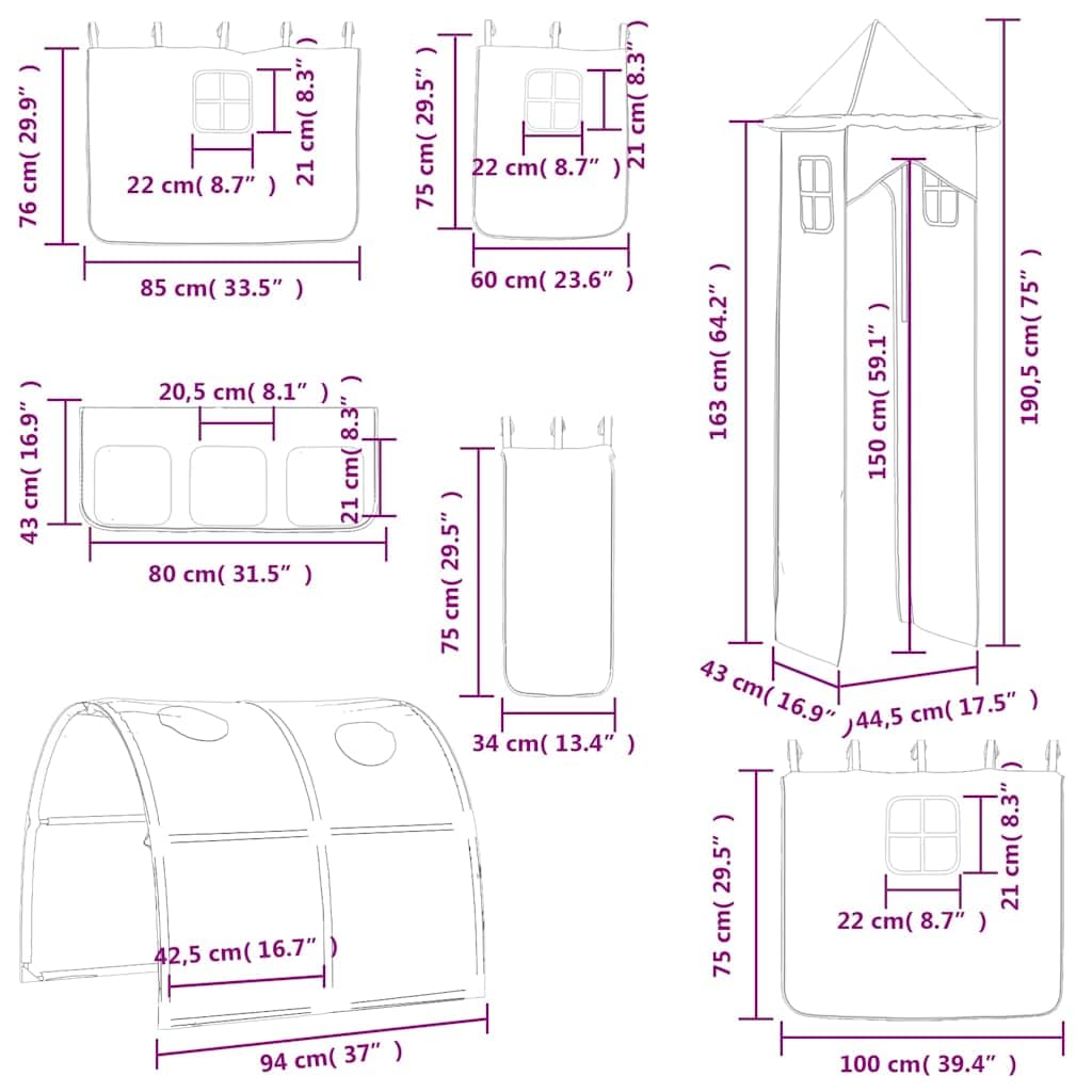 vidaXL Hochbett-Vorhänge für Kinder, Rosa, mit Tunnel und Turm, Verdunkelungsvorhang, Betthimmel, Sichtschutz unter dem Bett, Spielzelt, Kinderzimmer-Dekor