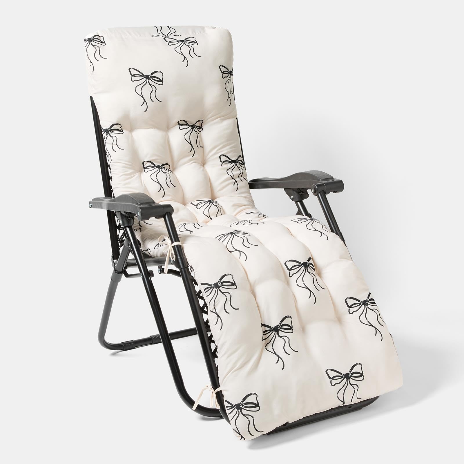 Ohs Bows - Monochrome Bow Print Sun Lounger Cushion Zero Gravity Chairs Outdoor Cushions Soft Thick Comfy Waterproof Garden Seat Cushions With Top Cover & Ties Sun Lounger Bench Cushion, Monochrome - 160 X 50Cm