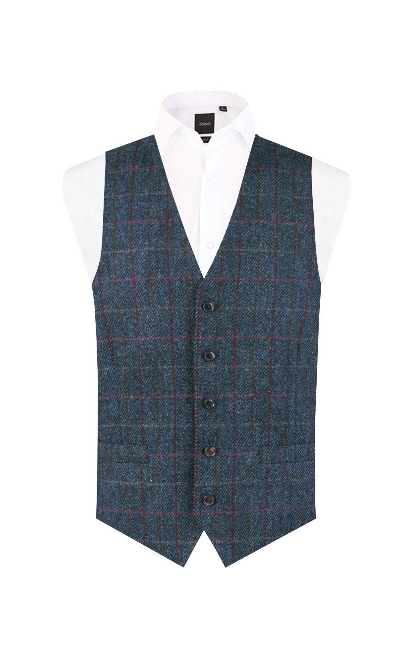 Dobell Harris Tweed Mens Dark Blue Windowpane Check Waistcoat Regular Fit 100% Wool-S (34-36in)