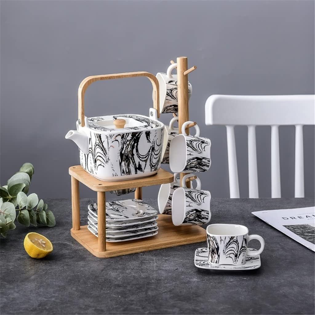 Black and white pattern ceramic coffee tea set bone china black and teapot wooden frame household