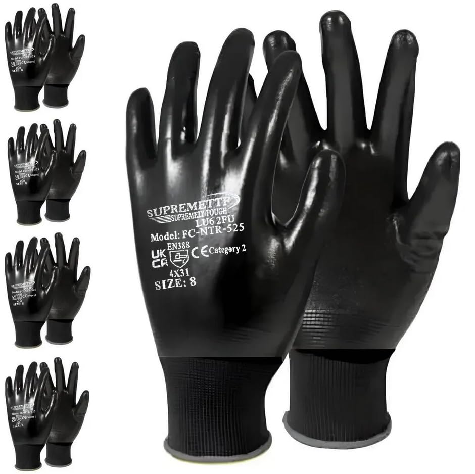 Supreme TTF 12 Pairs Oil Resistant Full Dipped Nitrile Coated Work Gloves Both Side Nitrile Coating Nylon Safety Grip (Medium-8)