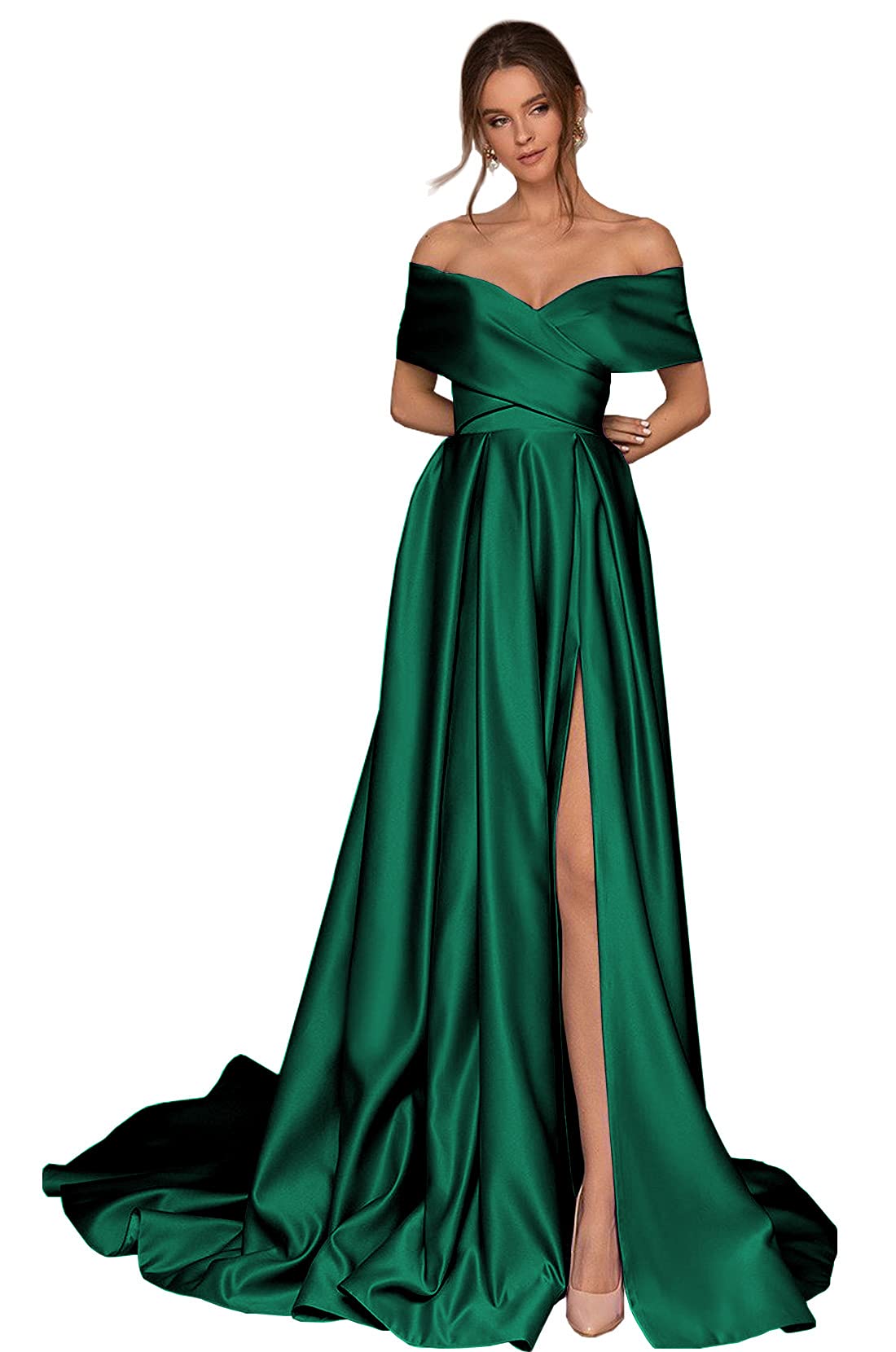 Women's Off The Shoulder Prom Dresses with Slit Long Satin A-line Formal Evening Gowns with Pockets