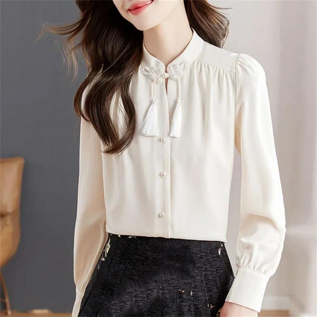 Camicia da donna con nappa, a maniche lunghe, colletto alla coreana, in chiffon, con bottoni, casual, da ufficio
