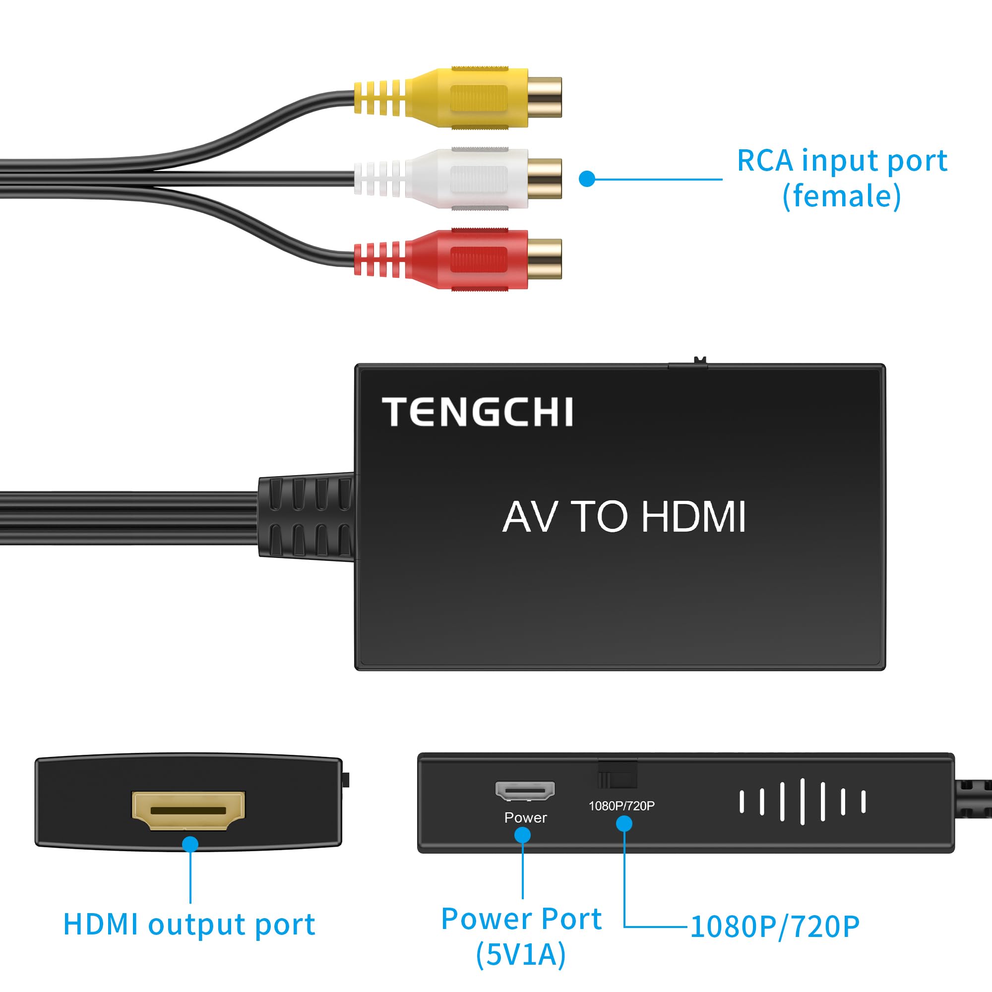 Tengchi Konwerter RCA na HDMI, adapter kompozytowy na HDMI obsługuje 1080P PAL/NTSC kompatybilny z PS one, PS2, PS3, STB, Xbox, VHS, VCR, Blue-Ray odtwarzaczami DVD, czarny