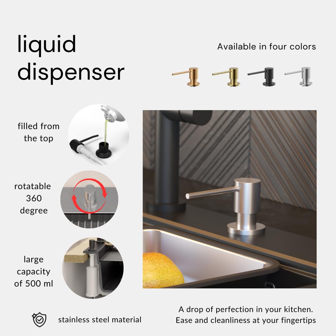 QUADRON Distributore di sapone LORI SteelQ da incasso, dispenser di liquido per lavastoviglie, acciaio, dispenser di sapone per lavello con bottiglia da 500ML, acciaio inox