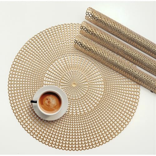 Image of Kuber Industries 4 Pcs Set Leather Side Table Mats | Washable Placemat /Dining Table Mat for Wedding and Family Functions | Chain Design Round - Copper