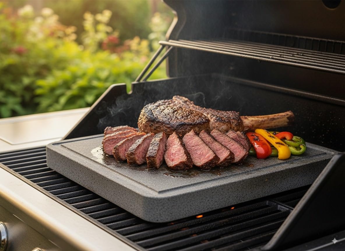 Piedra Volcánica PIEDRASAR para Asar Carne a la Piedra - Apta para barbacoa, fuego directo y horno- Con surco antigoteo y medida de 30x25x3