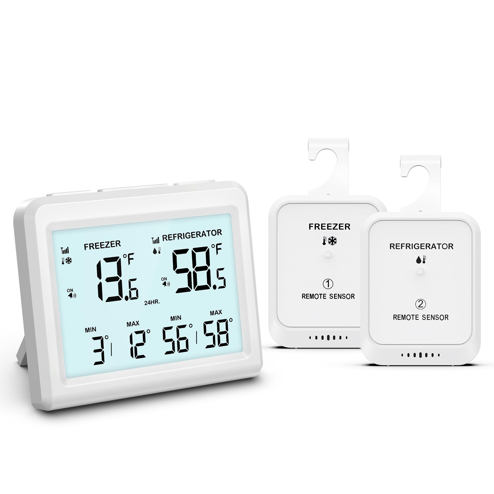 Termometro Frigo Termometro Congelatore con 2 Sensori, MIN/MAX, ℃/℉, Funzione Allarme, Allarme Congelatore, Termometro Frigorifero, Termometro Collegato per Casa, Cucina, Bar
