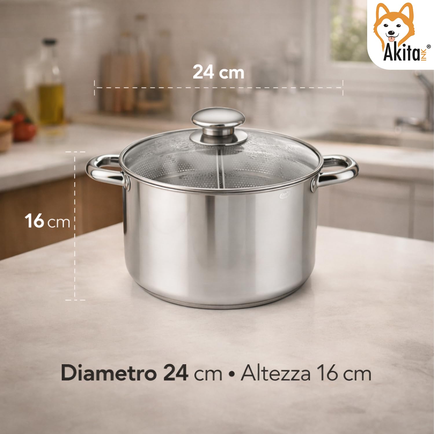 AKITAInk Bollipasta Duna 24 cm in Acciaio Inox con 2 Cestelli e Coperchio in Vetro Temperato, Pentola per Pasta con Scolapasta Integrato, Resistente e Pratica
