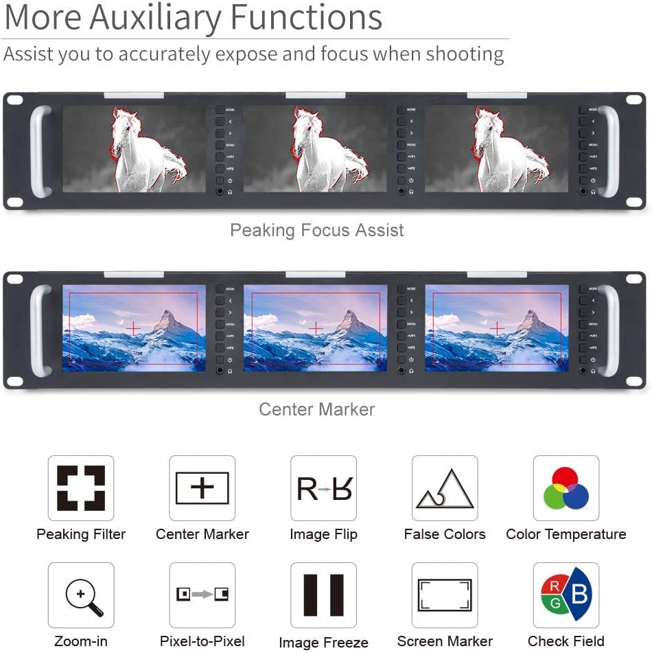 Image of FEELWORLD T51-H Triple 5 inch 2 RU Rack Mount Monitor 800x480 Broadcast LCD Monitor with HDMI AV Input and Output