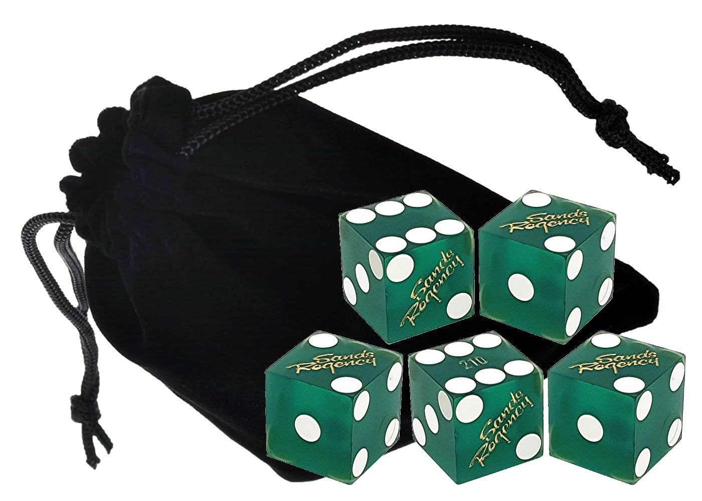 Authentic Lake Tahoe Reno Nevada Non-Vegas Casino Table-Played Craps Dice Set with Pouch, Full Stick of 5 Matching Serial Numbers (Reno Sands Regency - Green Frosted)