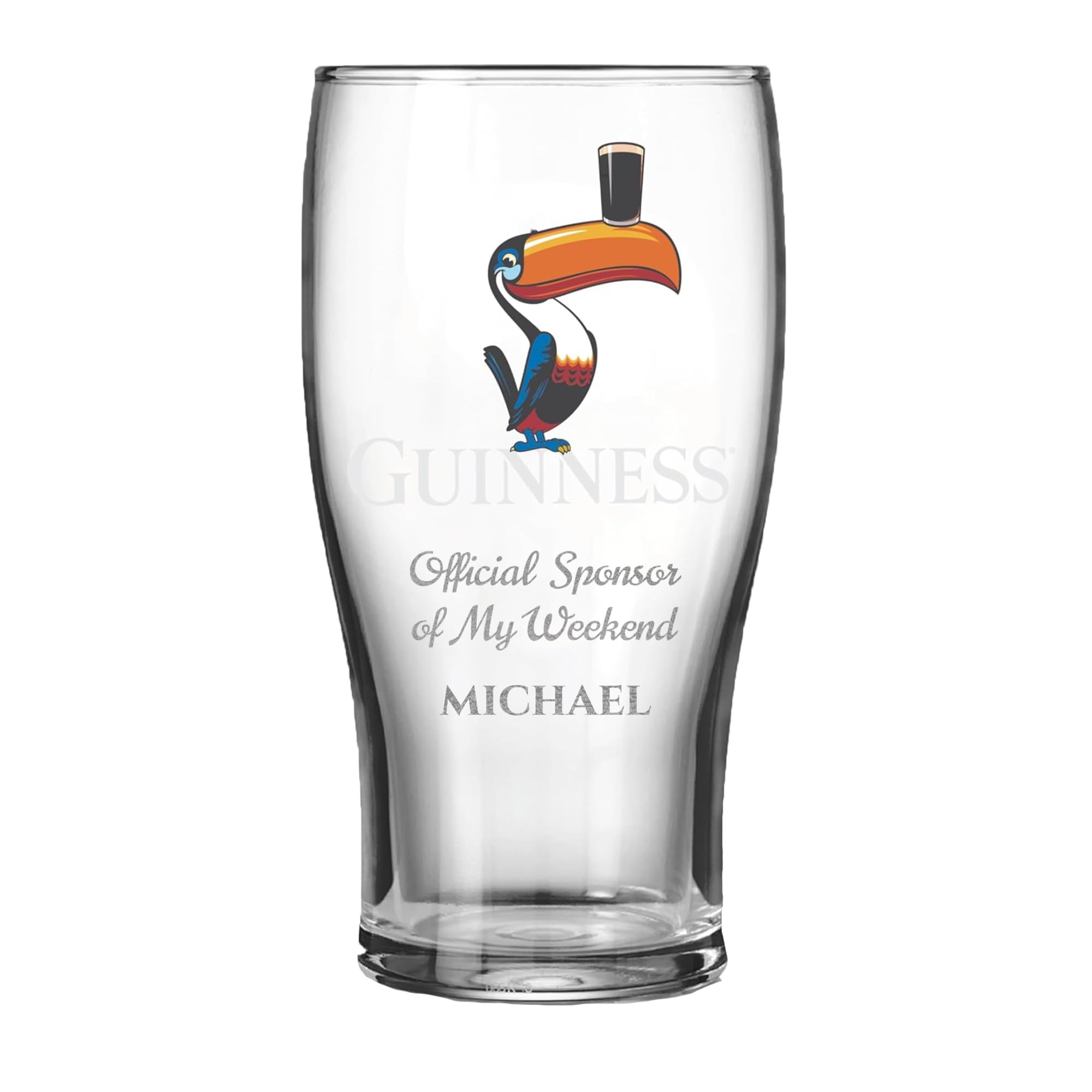 Print Maniacs Personalised Guinness Toucan Pint Glass Custom Name Engraved Beer Glass Toucan Design Gift for Dad Husband Brother Birthday Christmas Pub Style Glassware Premium Bar Gift Idea