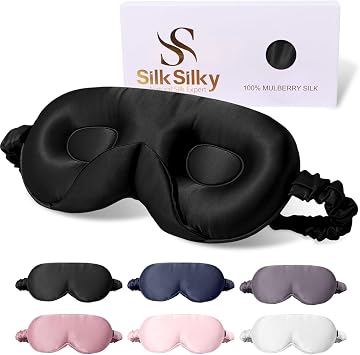 SilkSilky 100% 22 Momme Mulberry Silk Sleep Mask Upgraded 3D Contoured Eye Mask with Nose Wing Pads & Adjustable Strap, Luxury Blackout Eye Cover for Women & Men Black
