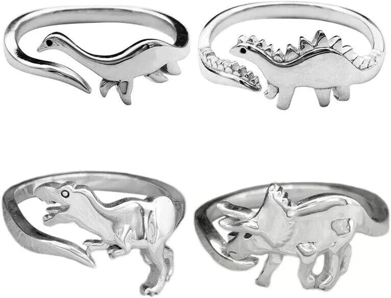 COLORFUL BLING 4Pcs Dinosaur Rings Stegosaurus Tyrannosaurus Triceratops Adjustable Rings for Hip Hop Cool Jewelry Women Men (4Pcs)