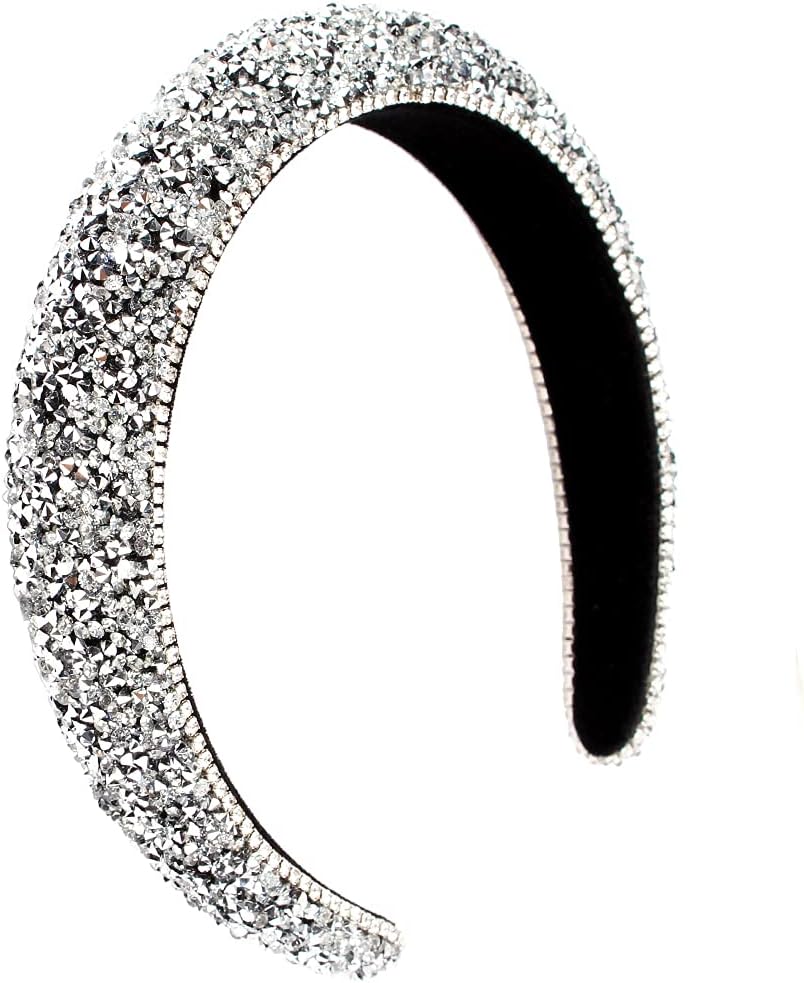 Rhinestone Headband Women Fashion Handmade Silver Headband Padded Glitter Crystal Diamond Bling Headbands Hair Hoops Beaded Jeweled Hairband Sparkle Hair Accessories
