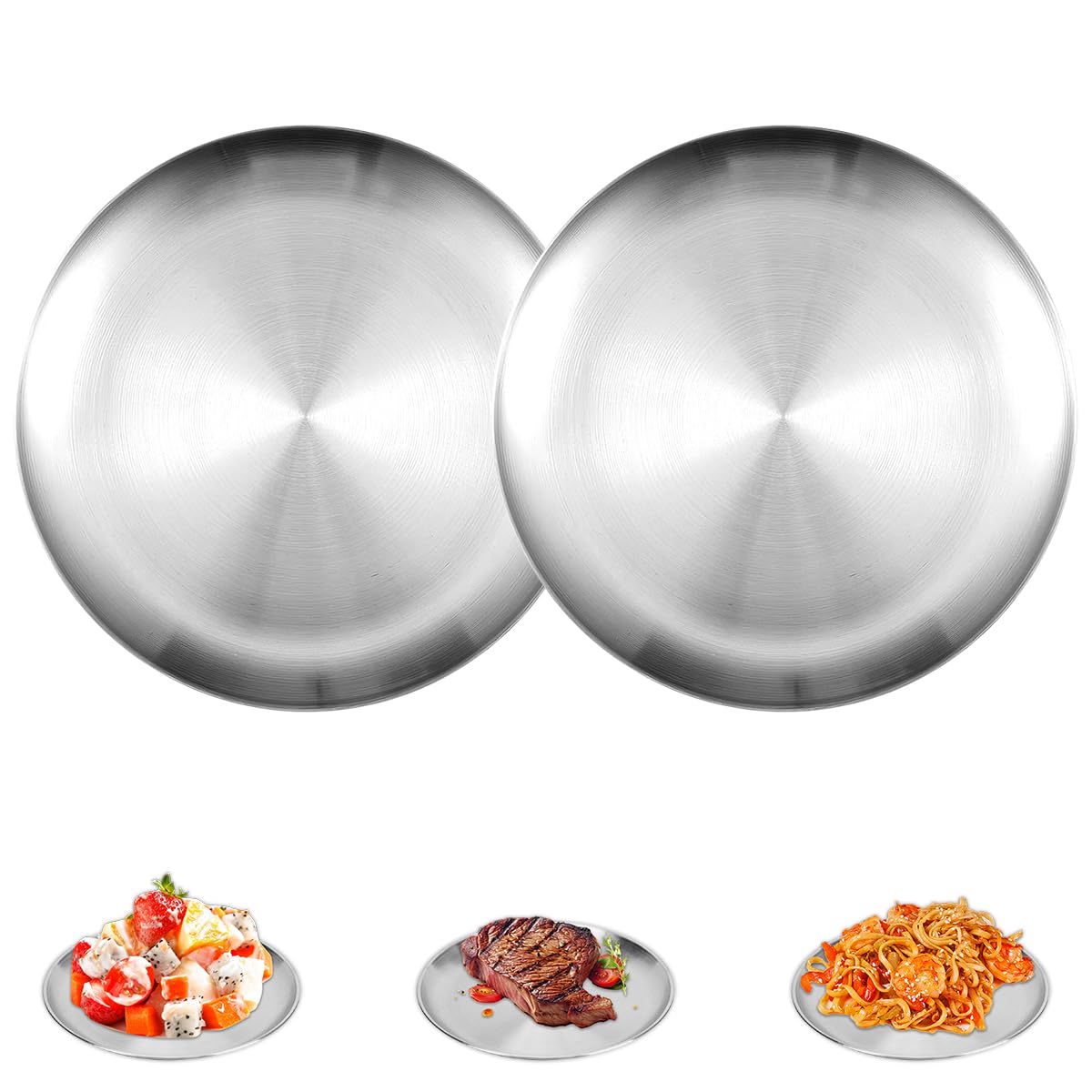2 Pezzi Piatti Acciaio Inox, Φ 20 cm Piatti Rotondi in Acciaio Inox, Argento, Lavastoviglie Safe, Portatile, Infrangibili, Piatto da Campeggio in Metallo, per Cucina, Sala da Pranzo, Campeggio, Feste