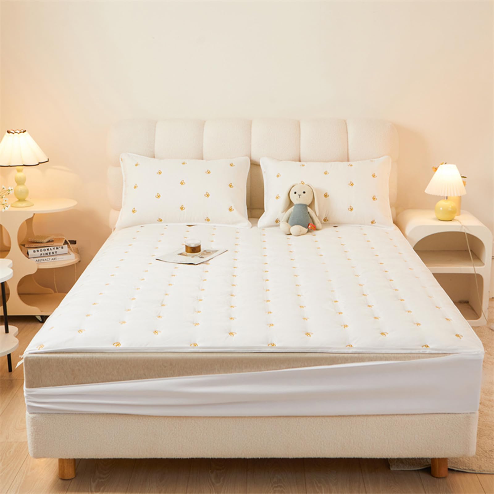 Double Mattress Cover Zipped Quilted Mattress Protector Customizable 90x190cm Single Mattress Cover with Zip Breathable Anti-dust Embroidery Fully Total Encasement Fitted Sheet (140x200+30cm,White)
