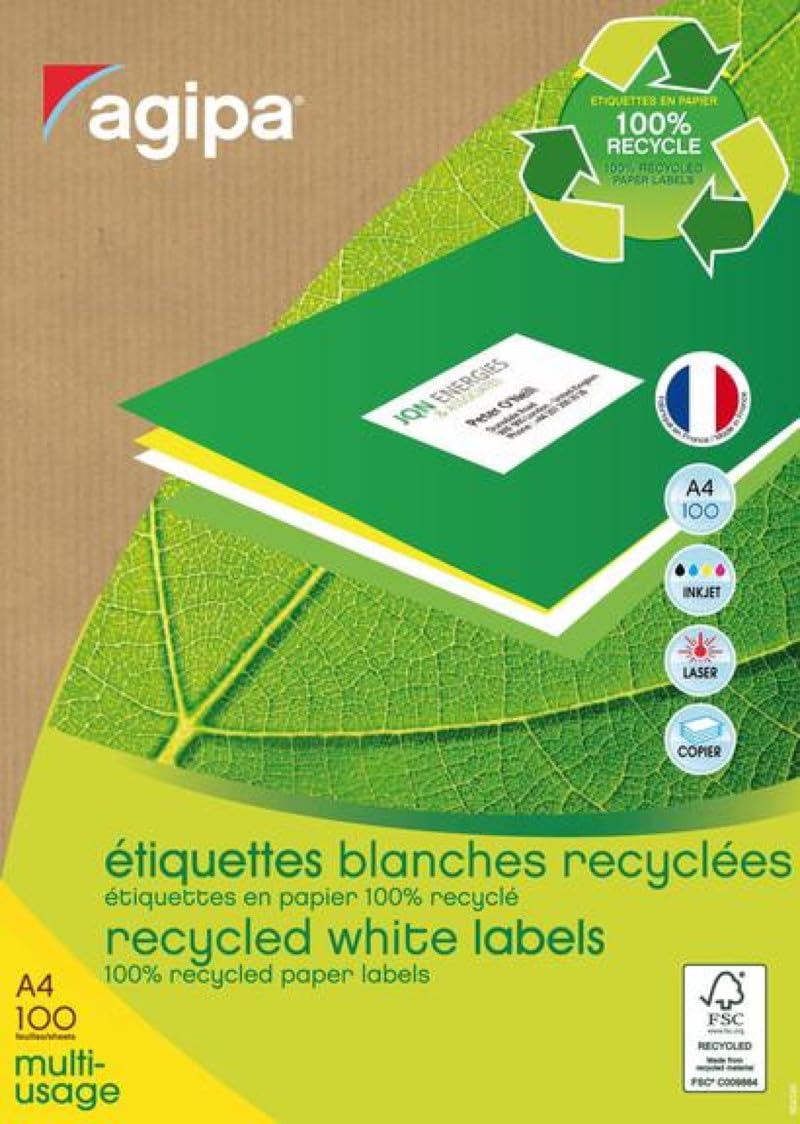 AGIPA 102648 – Box of 800 White Recycled Labels – 99.1 x 67.7 mm – Rounded Corners – Printing: Inkjet, Laser and copiers.