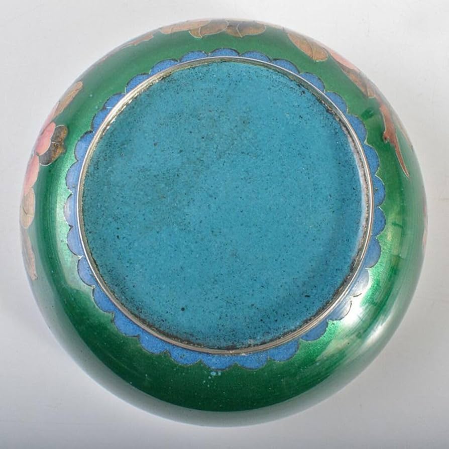 中国　古七宝　緑透釉　銀線象嵌　花蝶文　小鉢　唐木台付　M　R6842 中国 古七宝 緑透釉 銀線象嵌 花蝶文 小鉢 唐木台付 M R6842