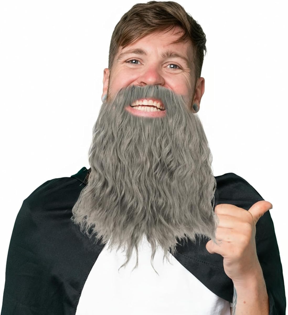 Peluca de barba gris, barba de mago rizada de 12 pulgadas de largo con banda elástica, barbas de disfraz falsas de anciano para cosplay de teatro, disfraces divertidos, Halloween y fiesta de Navidad