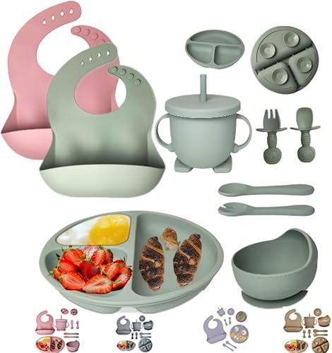 mutualproducts - Juego de 8 piezas de alimentación para bebés Juego de utensilios de destete LED para bebés incluye ventosa y plato, cuchara y