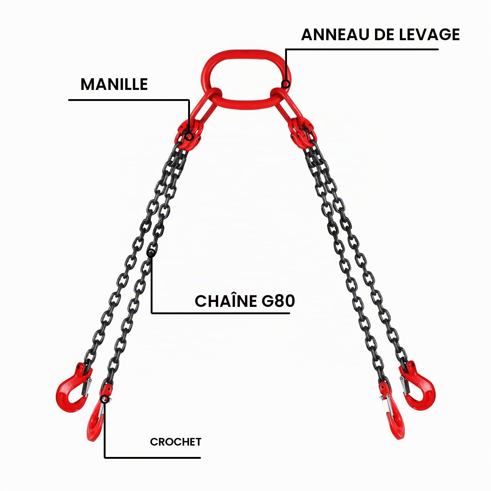 Happybuy Chaîne de Levage de Poids à 4Pieds Élingue en Acier Allié 1,5m Diamètre Chaîne 8mm Capacité Charge 5T Élingue de Chariot Élévateur Chaîne, Exploitation Minière des Ports de Construction G80