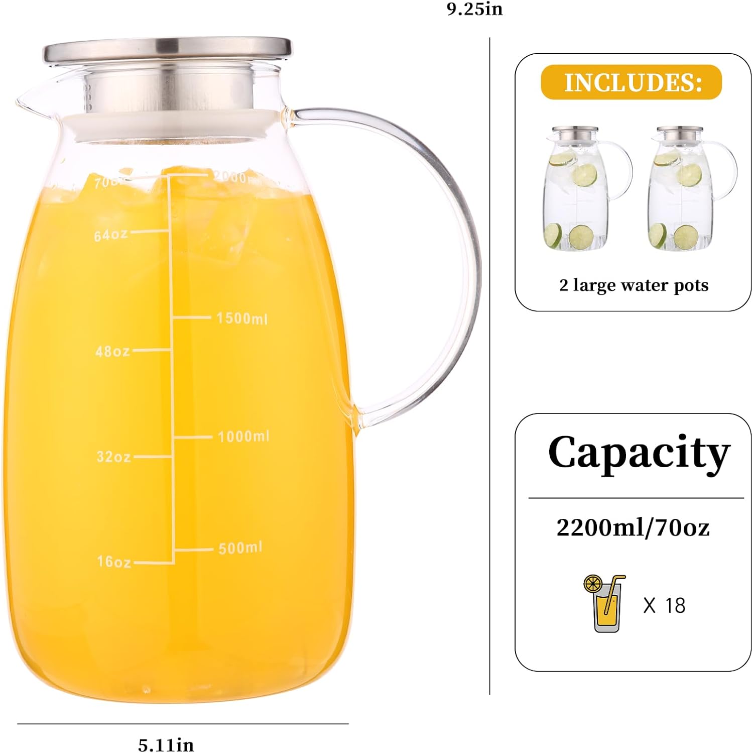 2 Pack 70 oz Glass Pitcher with Lid and Handle for Fridge, Iced Tea and Coffee Carafe Beverage Serveware, Glass Carafe for Hot/Cold Water - Image 6